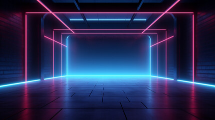 Modern empty room with colored neon glowing light. Copy space. Futuristic design. Generative AI