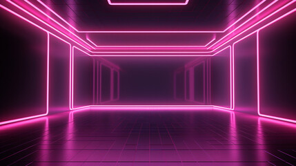 Minimal interior of a dark empty room with pink neon glowing light. Copy space. Generative AI