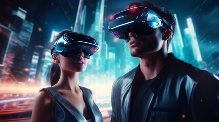 Portrait of happy smiling passionate Caucasian man and woman couple in virtual reality headset in futuristic style.