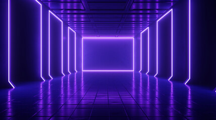 Minimal interior of a dark empty room with purple neon glowing light. Copy space. Generative AI