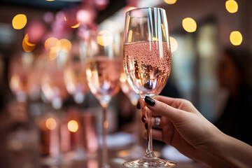 Close up manicured hands with black nail polish hand holding a rose gold champagne flute with party streamers in the background - obrazy, fototapety, plakaty