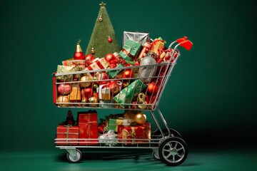 Shopping card full of presents. Gift boxes, decorated elements with red bows in a supermarket trolley. black Friday Christmas, New Year Holiday sale discounts. Gifts in shopping cart, Green background