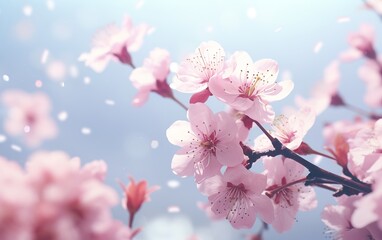 Fototapeta na wymiar Dreamy Cherry Blossoms, Sakura Falling in Springtime