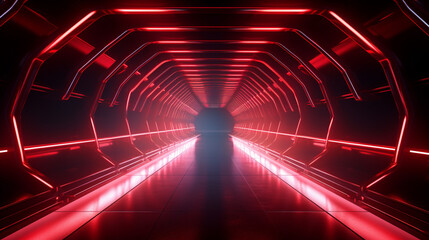 Minimal room interior of a dark long corridor with red neon glowing light. Copy space. Generative AI