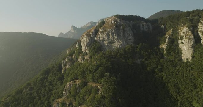 Aerial view of Mount Terminio peak at sunset from Ripe della Falconara lookout, Serino, Campania, Avellino, Italy.