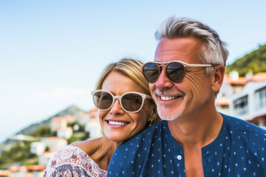 An Older Couple Looking At A Sun Ray With Sunglasses On.