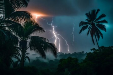Bright lightning that lit up the dark night sky during an electrical storm. Jungle, rainforest during the plank, palm trees in the morning in the fog, jungle in the haze, palm trees in the haze
