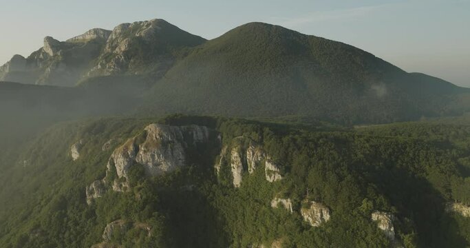 Aerial view of Mount Terminio peak at sunset from Ripe della Falconara lookout, Serino, Campania, Avellino, Italy.