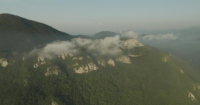 Aerial view of Mount Terminio peak at sunset from Ripe della Falconara lookout, Serino, Campania, Avellino, Italy.