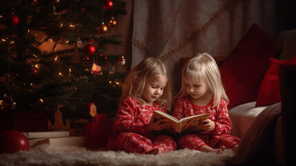 Fototapeta na wymiar Two kids reading a book under decorate Christmas tree. AI generative.