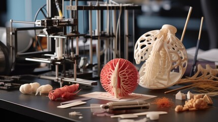 3D printed medical printer. Modern technologies in medicine and science. Printing human organs for operations and implantation. The concept of medicine development. - obrazy, fototapety, plakaty