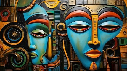 A close up of a painting of two faces