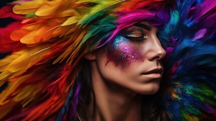 A woman with colorful feathers on her head