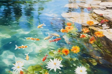 Fototapeta na wymiar A painting of koi fish and daisies in a pond
