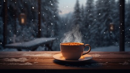 A cup of hot chocolate sitting on top of a wooden table - obrazy, fototapety, plakaty