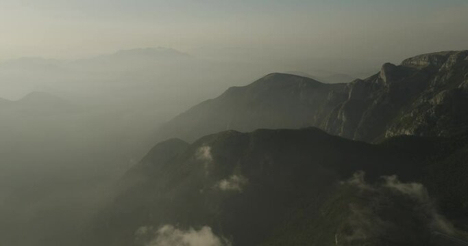 Aerial view of Mount Terminio peak at sunset from Ripe della Falconara lookout, Serino, Campania, Avellino, Italy.
