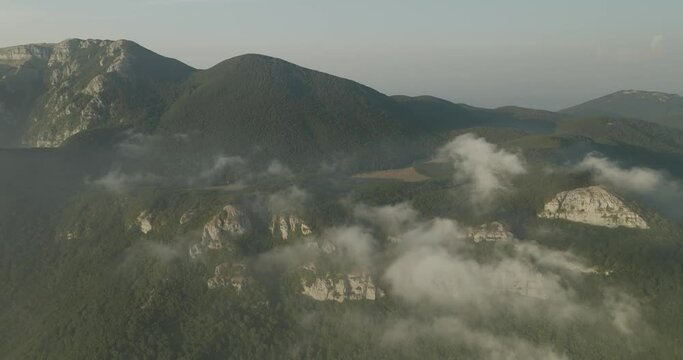 Aerial view of Mount Terminio peak at sunset from Ripe della Falconara lookout, Serino, Campania, Avellino, Italy.