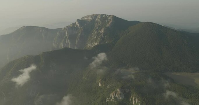 Aerial view of Mount Terminio peak at sunset from Ripe della Falconara lookout, Serino, Campania, Avellino, Italy.