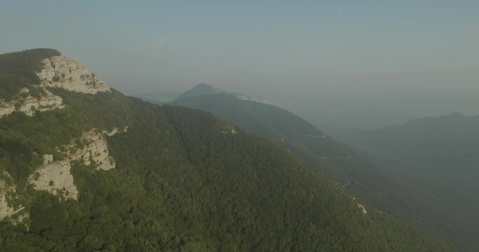 Aerial view of Mount Terminio peak at sunset from Ripe della Falconara lookout, Serino, Campania, Avellino, Italy.
