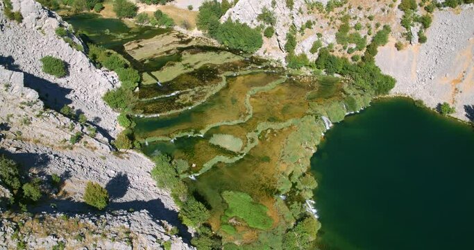 Aerial view of the canyon of the Krupa River with waterfalls, Croatia