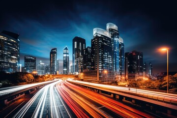 Fototapeta na wymiar light trails on the modern building background in shanghai china, Night cityscape with buildings and roads in Beijing city, long exposure photo, AI Generated