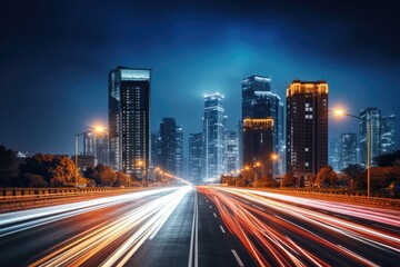 Fototapeta na wymiar the light trails on the modern building background in shanghai china, Night cityscape with buildings and roads in Beijing city, long exposure photo, AI Generated