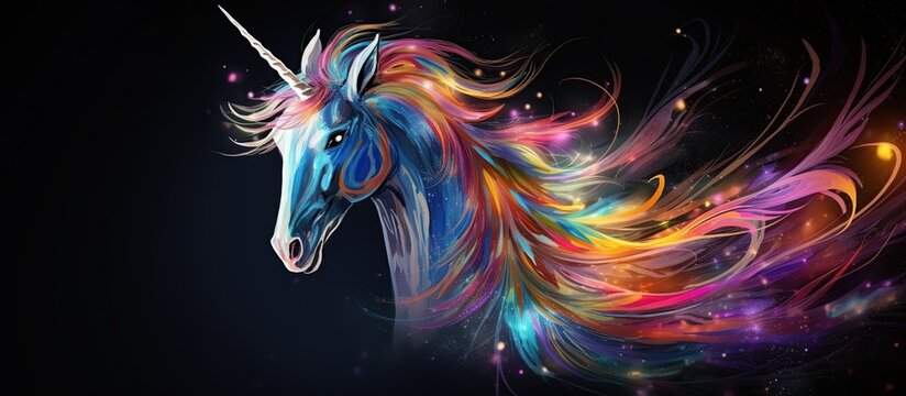 Abstract 3d colorful hologram unicorn horse drawing in dark background. AI generated