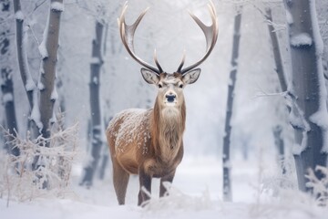 Mule deer in winter forest. Beautiful red deer in snowy forest, Noble deer male in winter snow forest. Artistic winter christmas landscape., AI Generated
