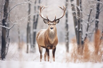Naklejka na ściany i meble Beautiful red deer with large antlers standing in the snowy forest, Noble deer male in winter snow forest. Artistic winter christmas landscape., AI Generated