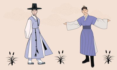Man wearing Korean traditional clothes(Hanbok). Vector illustration. Traditional korean clothes. Man in hanbok. Traditional Korean outfits. Korean folk clothing. 