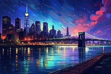 Fototapeta na wymiar New York City skyline at night with skyscrapers. Vector illustration, Nocturnal urban landscape with river and skyscrapers. A depiction of city scenery in a post-impressionist art style, AI Generated