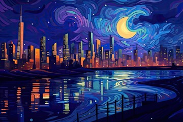 Night city landscape with skyscrapers and river. Vector illustration, Nocturnal urban landscape with river and skyscrapers. A depiction of city scenery in a post-impressionist art style, AI Generated