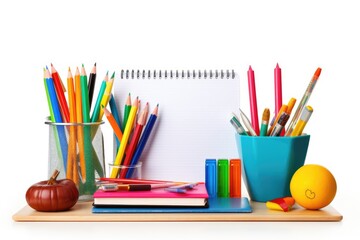 Fototapeta premium School supplies on a white background. Back to school. Copy space, Office school supplies on white background, AI Generated