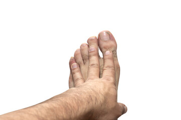 Male hand holding male feet isolated