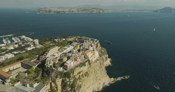 Aerial view of Terra Murata borough at Procida Old town on Procida Island, Flegree Islands archipelagos, Naples, Campania, Italy.