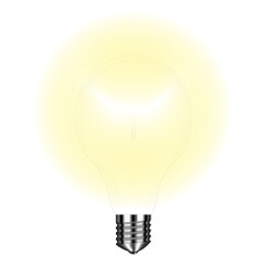 Glass light bulb on a real transparent background with a bright yellow glow. Bright light. Light bulb on a transparent background. Vector illustration.