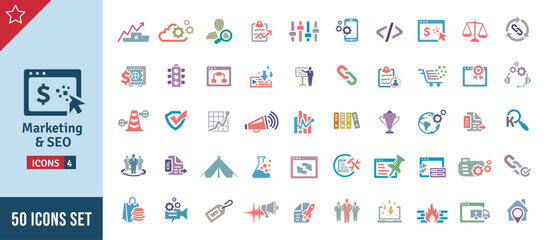 Marketing & SEO Icon Set. Search Engine Optimization, Advertising, Website, Business, Marketing, Traffic, Ranking, Optimization, Keyword & Many More. Colorful Vector Icons Collection