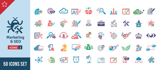 Marketing & SEO Icon Set. Search Engine Optimization, Advertising, Website, Business, Marketing, Traffic, Ranking, Optimization, Keyword & Many More. Colorful Vector Icons Collection