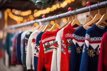 Different ugly Chirstmas jumpers hanging on a rail, on decorated christmas garlands lights background, New year and Christmas Festive Atmosphere concept. - obrazy, fototapety, plakaty