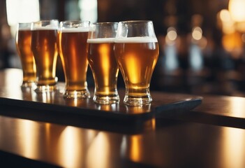 Flight of beer for tasting on a bar counter with a blurred background