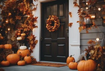 Festive Thanksgiving decoration with leaves and pumpkins on a door