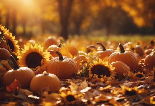 Fall background with pumpkins sunflowers and fall leaves