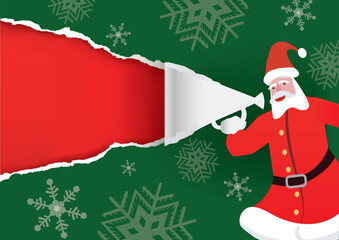 Santa Claus with megaphone, torn paper Christmas Paper Background. 
Cartoon of Santa talking into a paper megaphon. Place for your text or image. Vector available.	