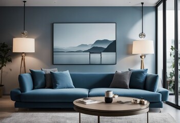 Modern living room interior with blue couch or sofa and art on the wall