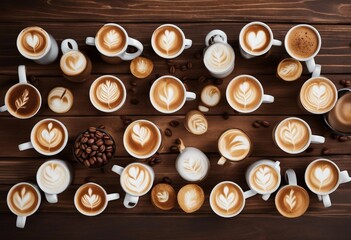 Multiple coffee lattes in mugs with latte art overhead view on a wooden table
