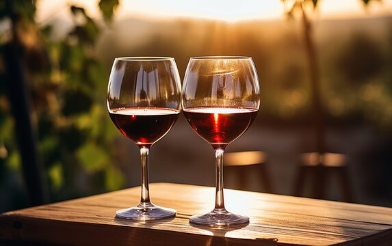 Copas de vino tinto sobre una mesa de madera y al fondo un vi&ntilde;edo al atardecer. Espacio para texto. 