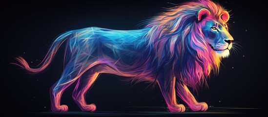 Abstract 3d colorful hologram lion animal drawing in dark background. AI generated