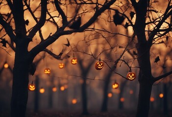 Spooky Halloween background with Jack o Lanterns bare trees and bats