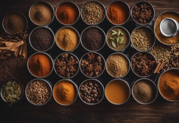 Variety of indian chai spices in metal tins overhead view