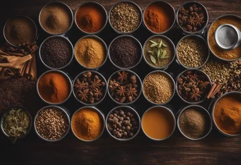  Variety of indian chai spices in metal tins overhead view © ArtisticLens